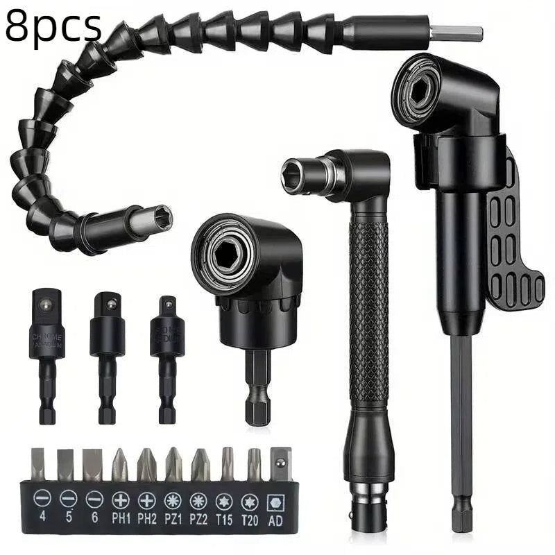 Complete Tool Kit Set: 3 Rotatable Socket Adapters + 2 Angle Drill Adapters + 90° Bevel Bit