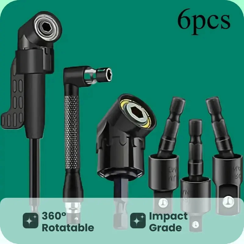 Complete Tool Kit Set: 3 Rotatable Socket Adapters + 2 Angle Drill Adapters + 90° Bevel Bit