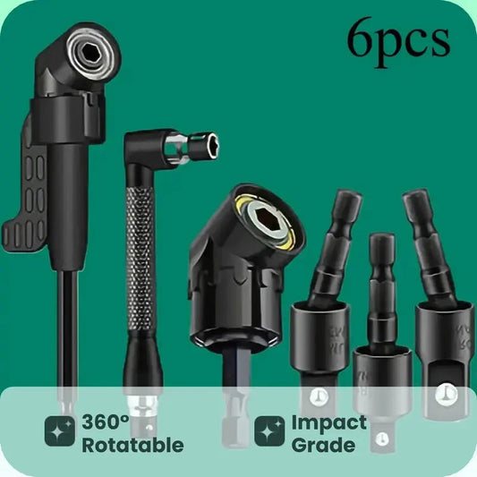 Complete Tool Kit Set: 3 Rotatable Socket Adapters + 2 Angle Drill Adapters + 90° Bevel Bit