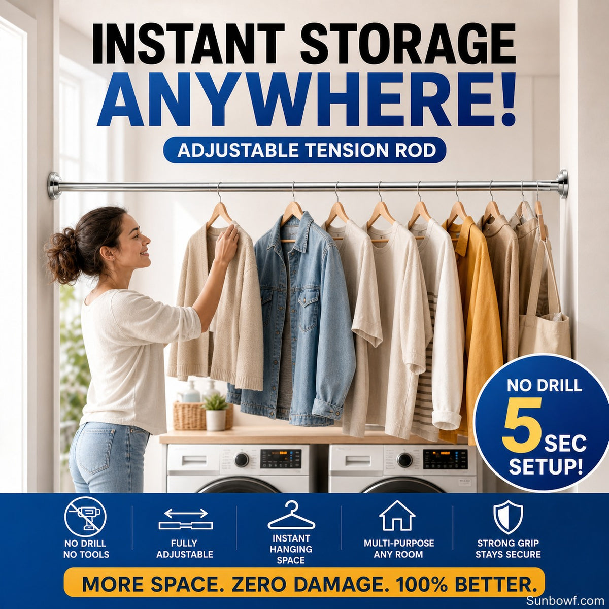 ✨ Install in seconds without drilling—adjustable tension rod for smarter storage at home 🏠