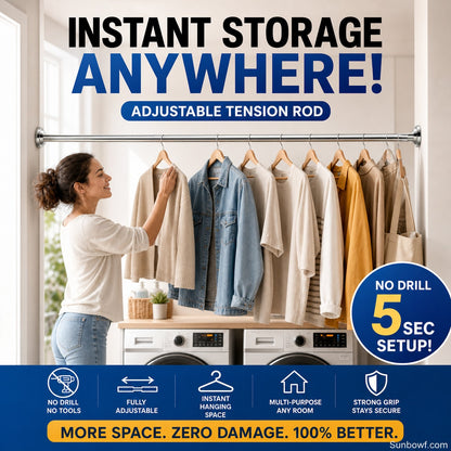 ✨ Install in seconds without drilling—adjustable tension rod for smarter storage at home 🏠