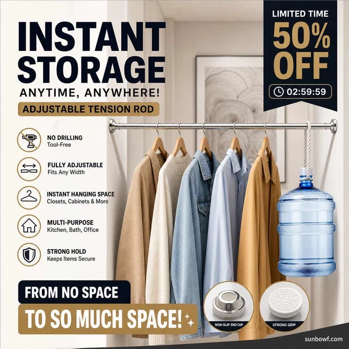 ✨ Install in seconds without drilling—adjustable tension rod for smarter storage at home 🏠