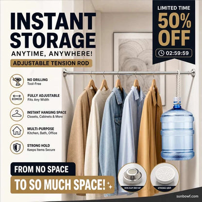 ✨ Install in seconds without drilling—adjustable tension rod for smarter storage at home 🏠